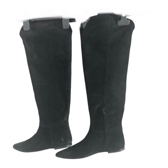 Polo Ralph Lauren black Calf Suede/Calf Leather knee-high flat pointy toe boots - Picture 1 of 16